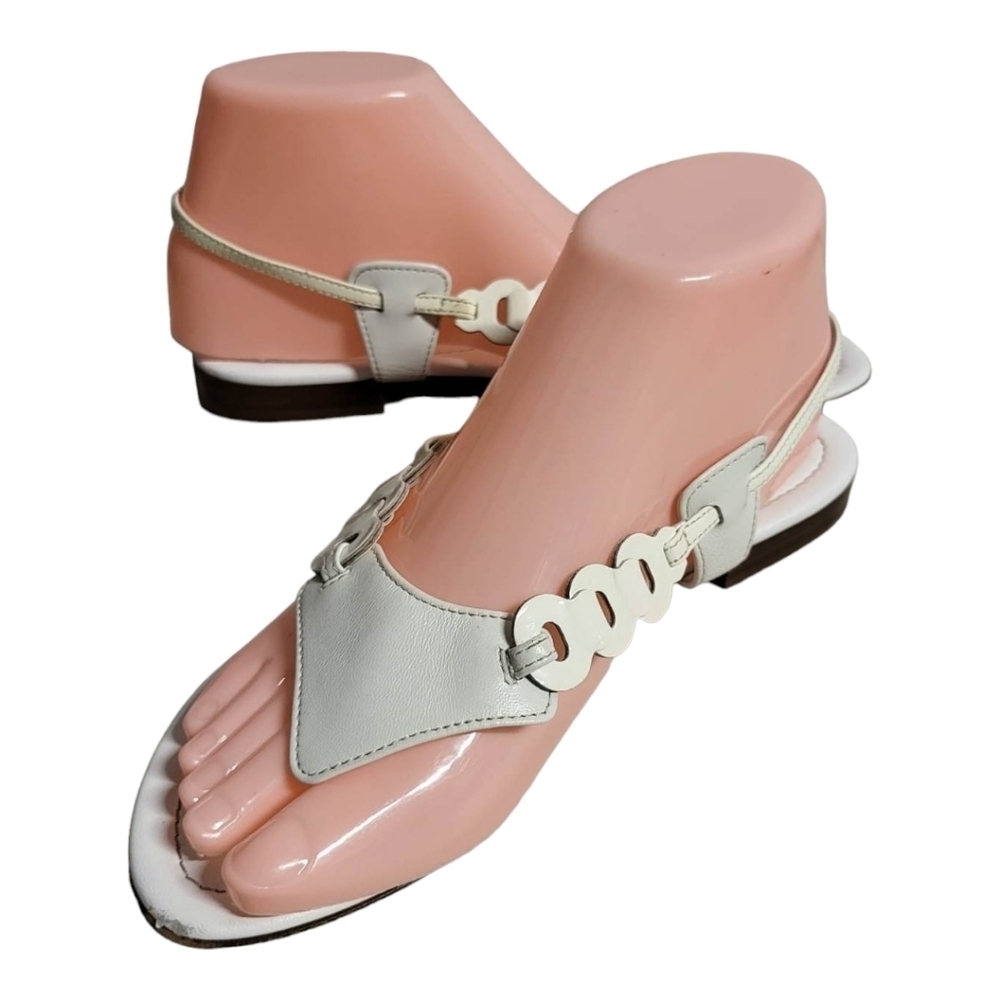 Salvatore Ferragamo White Leather Thong Slingback Flap Sandals SZ 6 B